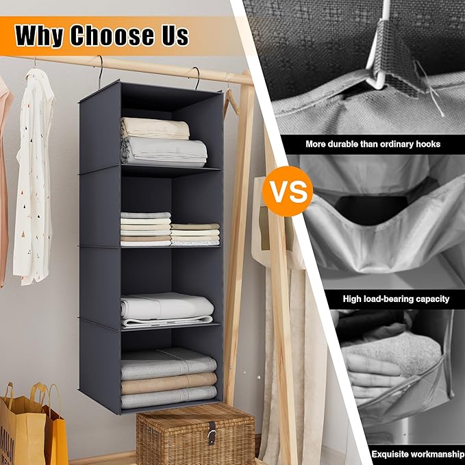 Hanging Closet Organizer, Easy Mount Foldable 4-Shelf Hanging Closet Wardrobe Storage Shelves, Clothes Handbag Shoes Accessor