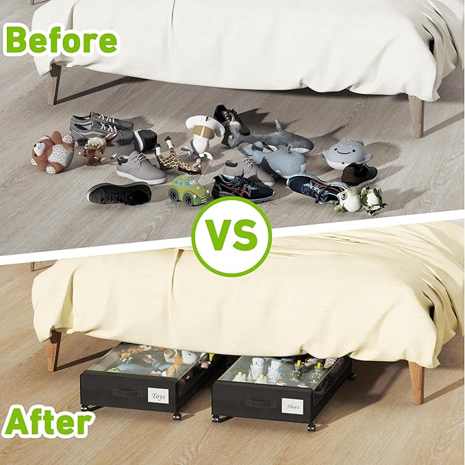Under Bed Storage with Wheels, XXL 60L Under the Bed Storage Bins, Underbed Storage Containers with Lids & Label, Rolling Met