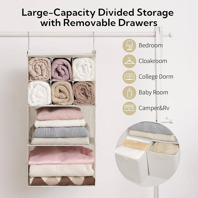 GRANNY SAYS Hanging Closet Organizer with Drawers, 4 Shelf Dividers Closet Hanging Organizer, Foldable Hanging Shelves for Cl