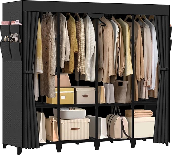 Wardrobe Closet, Quick and Easy Assembly, Black Large Capacity Portable Closet with 4 Hanging Rods 8 Storage Shelves and 8 Si