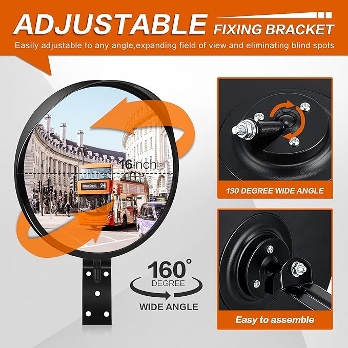 16-Inch Convex Security Corner Mirror - Adjustable Fixing Bracket, Wide Angle, Indoor and Outdoor Use - Ideal for Warehouse, Office, Parking Garage, Alleys, Driveways and Traffic Safety(Black）