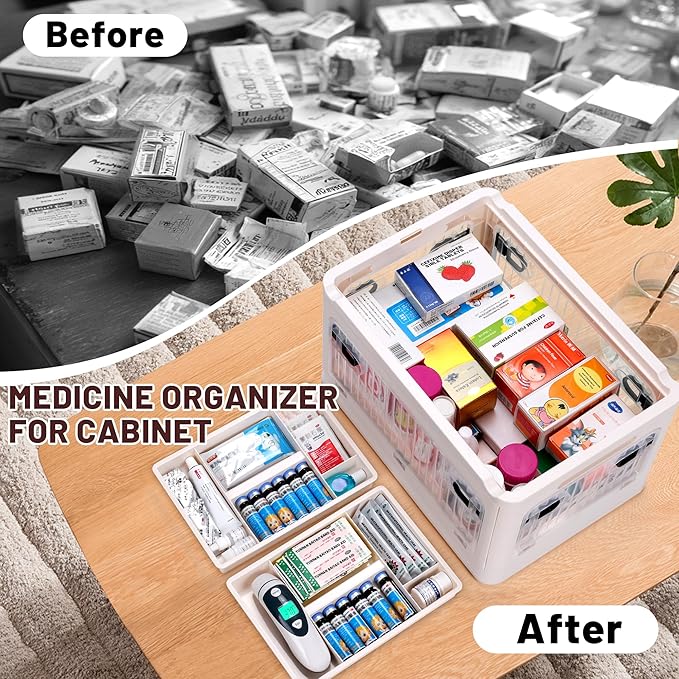 24 QT Medicine Organizer Storage Box with Removable Tray, Extra Large Collapsible First Aid Box Empty, Clear Medicine Contain