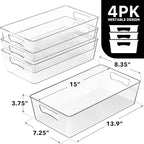 Simple Houseware 4 Pcs Kitchen Clear Bin Storage Organizer, 15" x 8" x 3.75"