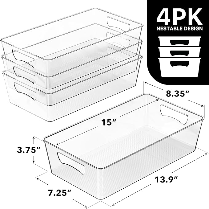 Simple Houseware 4 Pcs Kitchen Clear Bin Storage Organizer, 15" x 8" x 3.75"