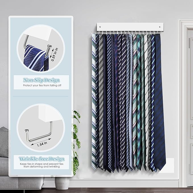Tie Rack Belt Hanger Wall Mounted, Lomrsiul Non Slip 180 Degree Rotating Tie Organizer for Men Closet with 18 Hooks Closet Or