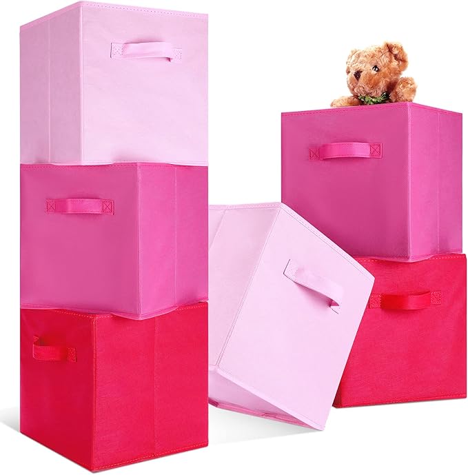 Karenhi 11" x 10. 5" x 10. 5" Pink Storage Cube, 6 Pack Fabric Cube Storage Bins Organizer Box, Collapsible Baskets with Hand