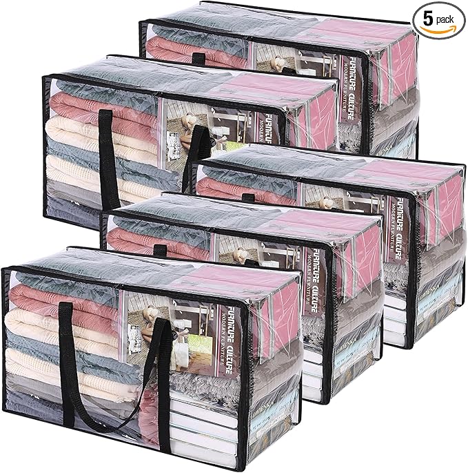 Vieshful 5 Pack Clear Comforter Storage Bag, 60L Clothes Storage Bag with Zipper Closet Organizer, Plastic Storage Containers