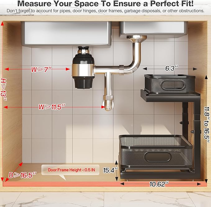 2-Pack Under Sink Storage Organizer with 2-Tier Slide Out Drawer, Sophisticated Mesh Pull Out Shelf for Kitchen & Bathroom, F