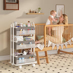 3-Tier Baby Diaper Caddy Organizer Cart, Mobile Nursery Storage Carts with Wheels, 3 Dividers & 6 Mesh Pockets Durable Metal 