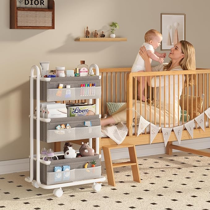 3-Tier Baby Diaper Caddy Organizer Cart, Mobile Nursery Storage Carts with Wheels, 3 Dividers & 6 Mesh Pockets Durable Metal 