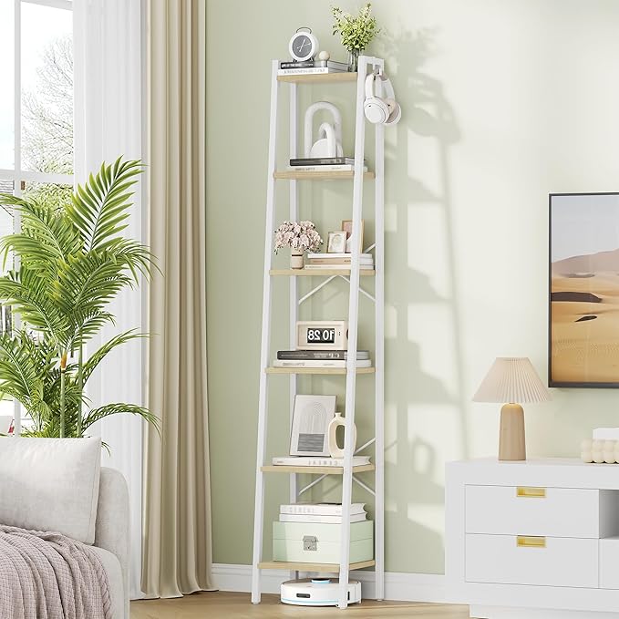 Hzuaneri Ladder Shelf, Bookshelf Bookcase, Freestanding Corner Storage Shelve with 2 Hooks for Home Office, Living Room, Kitc