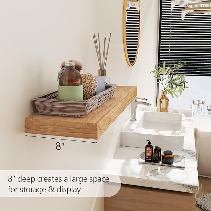 8 Inch Deep Floating Shelves, USA-Sourced Rustic Elm Wood Wall Shelves for Storage, Wall Mounted Display Shelving with Invisi