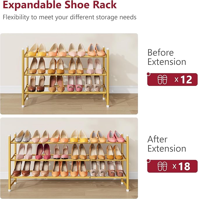 Tajsoon Expandable Shoe Rack for Closet 3 Tier, 28“-41“Adjustable & Stackable Shoe Shelf Storage, Metal Shoe Rack Organizer f