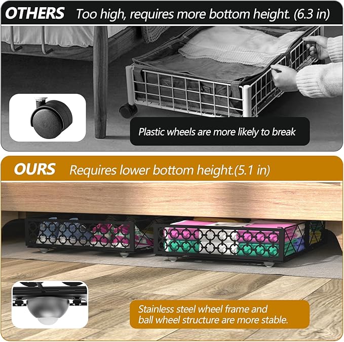 NADAMOO Under Bed Storage with Wheels, 1 Pack Rolling Under Bed Storage Containers, Foldable Metal Under the Bed Organizer Bi