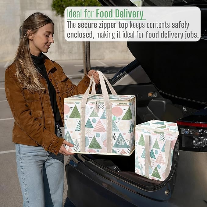 VENO 2 Pack Cooler Bag, Insulated Grocery Bags for Food Delivery, Collapsible Cooler, Reusable Shopping Bags for Groceries, Hard Bottom, Water Resistant, Zippered, Foldable (Pastel Forest, 2 Pack)