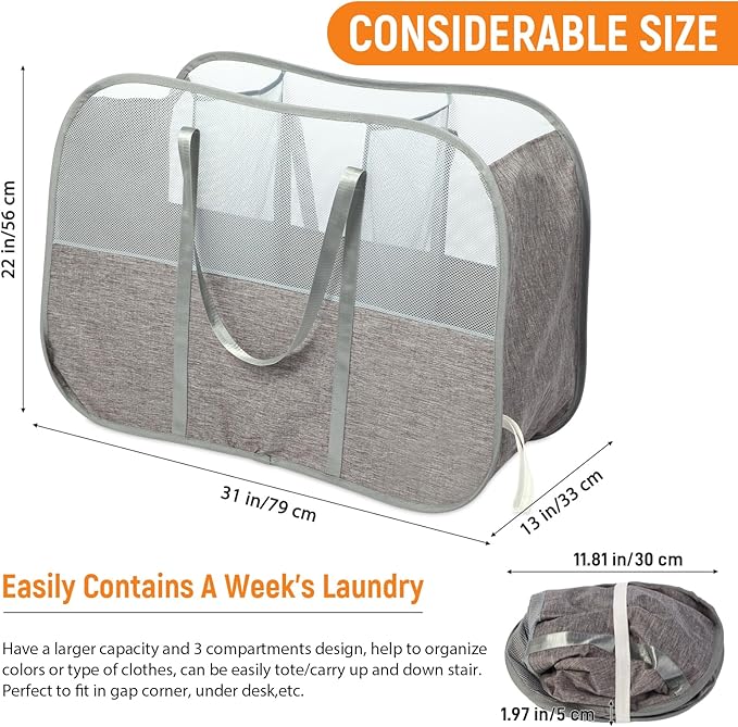 Collapsible Laundry Baskets with 3 Compartment, 150L Tear-proof Pop Up Hamper, Foldable Laundry Basket with Tote Handles, Dir
