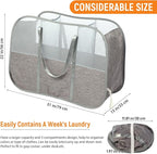 Collapsible Laundry Baskets with 3 Compartment, 150L Tear-proof Pop Up Hamper, Foldable Laundry Basket with Tote Handles, Dir
