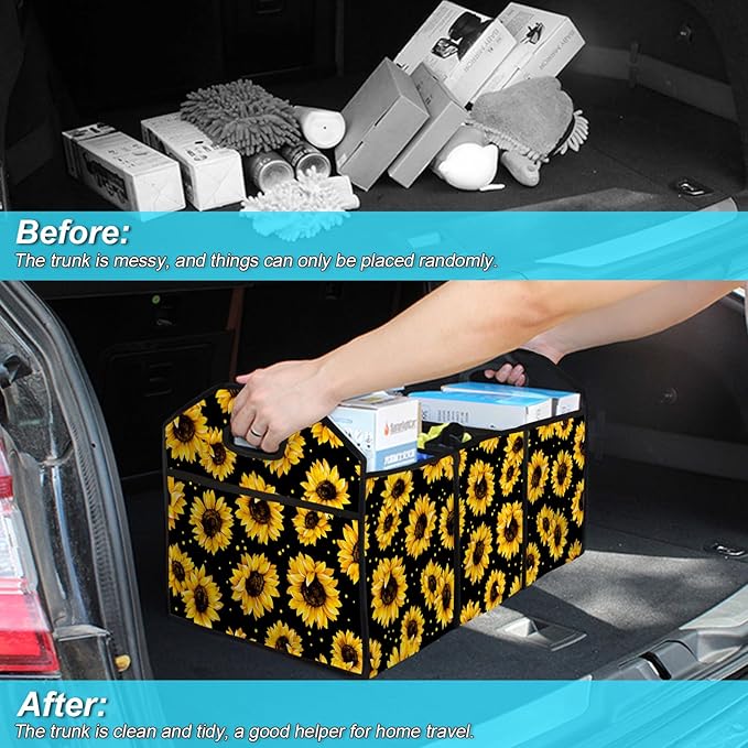 Sunflower Car Trunk Storage Box with Pockets Car Accessory for SUVs Cars Automotive Organizer