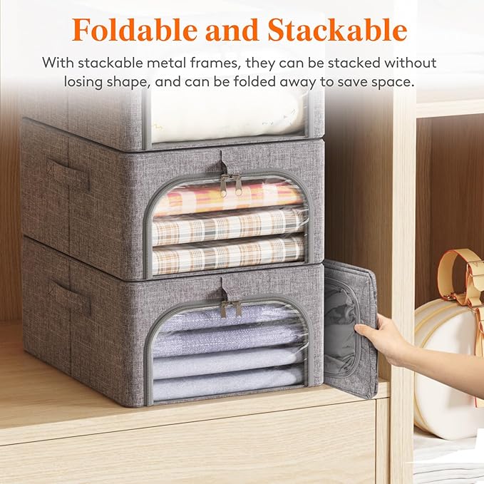 Lifewit Clothes Storage Bins with Metal Frame 3 Pack, Fabric Stackable Storage Bags with Lids, Zipper, Foldable Clost Organiz
