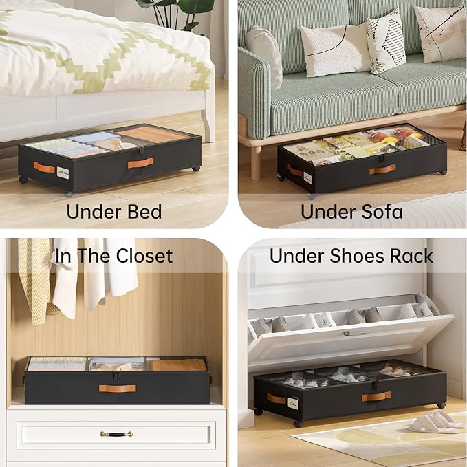 Yecaye Under Bed Storage with Wheels, 2 Pack Under Bed Storage Containers with Adjustable Dividers & Clear Window, Rolling Un