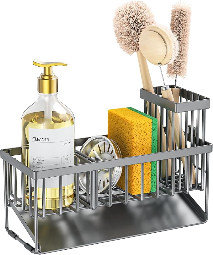 Cisily Sink Caddy Organzier with High Brush Holder, Sponge Holder for Sink, 304 Rustproof Stainless, Kitchen Countertop Soap 