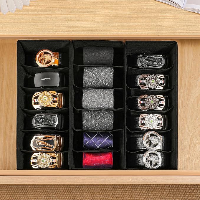 3 Pack Fabric Belt Organizer with 6 Grids per Organizer, Foldable Drawer Organizers for Closet and Drawer, Belt and Tie Holde