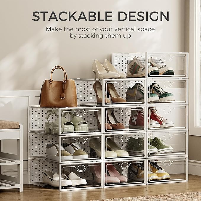 Pinkpum 18 Pack X-Large Shoe Storage Boxes Fit Size 12, Shoe Organizer for Closet Clear Plastic Stackable Shoe Dispaly Case H