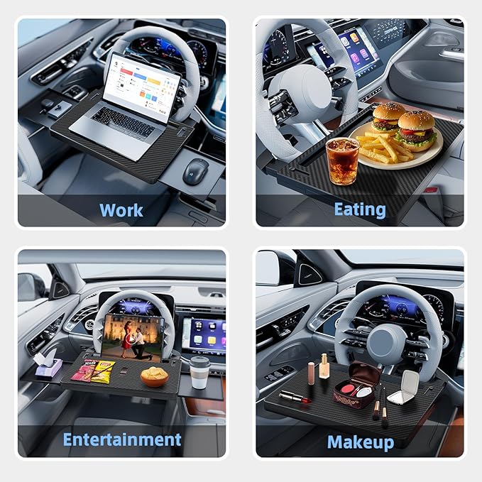 Steering Wheel Tray, Car Food Tray, Car Desk for Laptop, Carbon Fiber Look Multipurpose Car Table for Eating & Work, Adjustable Car Tray with Drawer and Anti-Slip Protective Adhesive