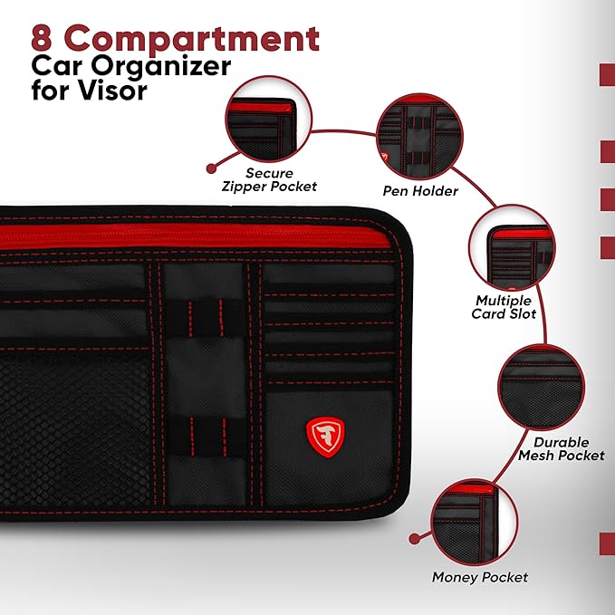 Firestone 2-Pack Car Sun Visor Organizer | 8 Compartment Car & Truck Visor Organizer with Holder & Slots for Sunglasses, License, Registration & More, Black Red