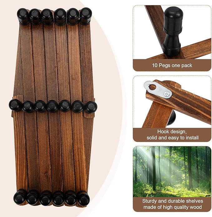 Accordion Wall Hanger, Wood Expandable Wall Mounted Hanger with 19 Hooks for Coats,Hats,Coffee Mug Ect,19Pegs, Walnut Color,R