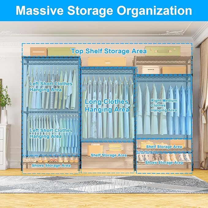 Ulif E13C Pro Heavy Duty Closet Organizer System，Freestanding Clothing Racks for Hanging Clothes，Adjustable Garment Rack 75" 