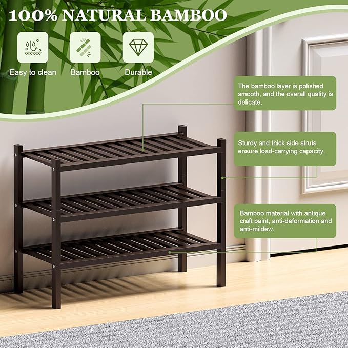 ROMGUAR CRAFT 3 Tier (Thick) Bamboo Shoe Rack for Closet Free Standing Wood Shoe Shelf for Entryway Small Space Stackable 27"