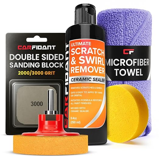 Carfidant Scratch and Swirl Remover - Car Scratch Remover for Vehicles Paint - Polishing Compound for Cars - Paint Restorer Kit with Pad, Microfiber and Sanding Block