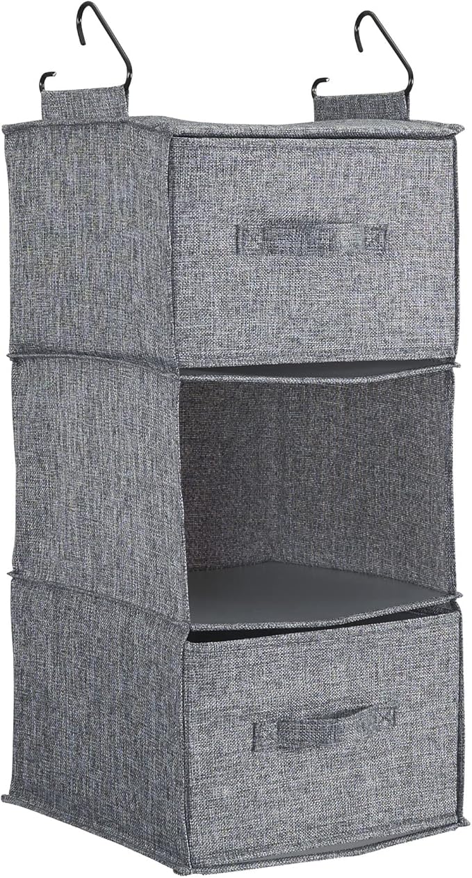 Household Essentials 3 Shelf Hanging Closet Organizer, Hanging Shelf with Hooks, Poly Linen and PEVA Shelving