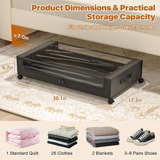Under Bed Storage with Wheels,Under Bed Storage Containers with Clear Lids, Under-Bed Organizers for Clothes, Shoes – Durable