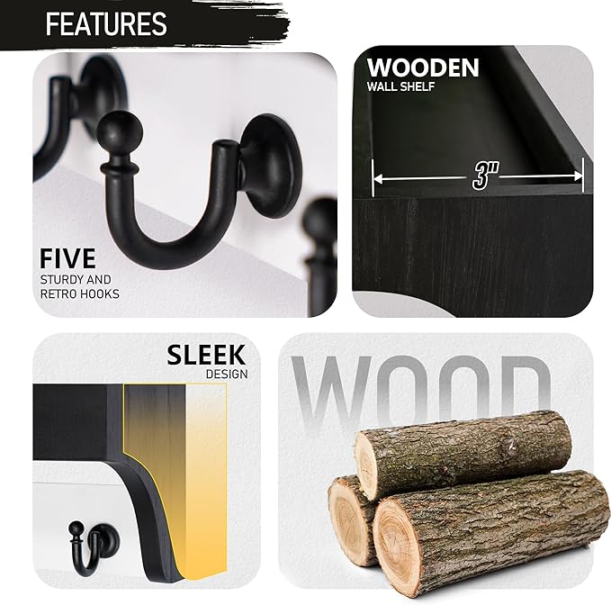 Rebee Vision Key Holder Wall Mount with Shelf - Decorative 2-Color Key Rack with 5 Rustic Key Hooks and Primitive Wood Mail O