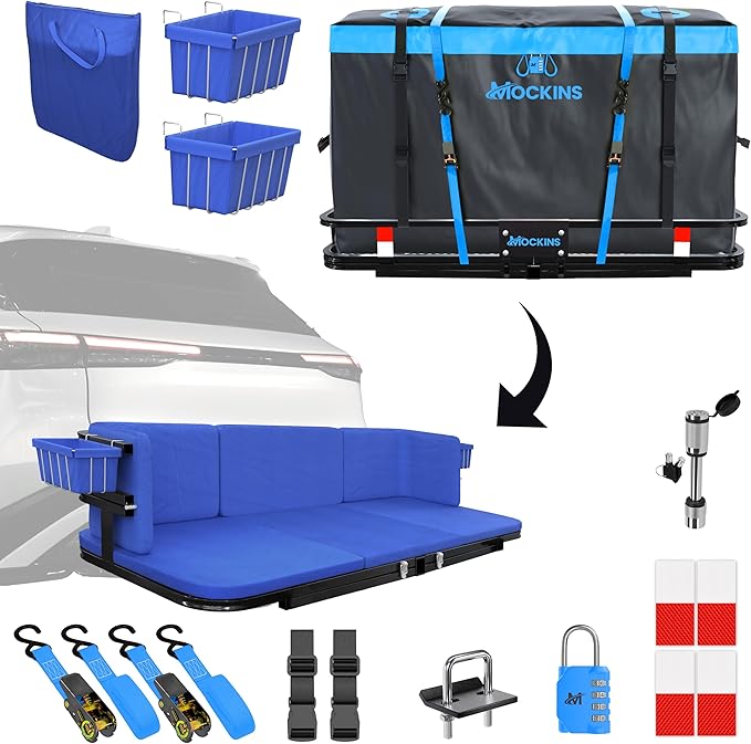 Mockins 2-in-1 Trailer Hitch Cargo Carrier Bench 48"x18"x6" w/ 15 CuFt Waterproof Truck Bed Storage Bag | 500 Lb Capacity Folding Cargo Hitch Carrier Tailgate Seat Bundle w/Stabilizer, Straps, & Lock