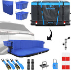 Mockins 2-in-1 Trailer Hitch Cargo Carrier Bench 48"x18"x6" w/ 15 CuFt Waterproof Truck Bed Storage Bag | 500 Lb Capacity Folding Cargo Hitch Carrier Tailgate Seat Bundle w/Stabilizer, Straps, & Lock