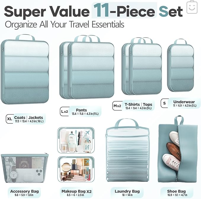 Veken 11 Set Compression Packing Cubes for Travel Essentials,Compressible Expandable Large Luggage Suitcase Organizer Bags fo