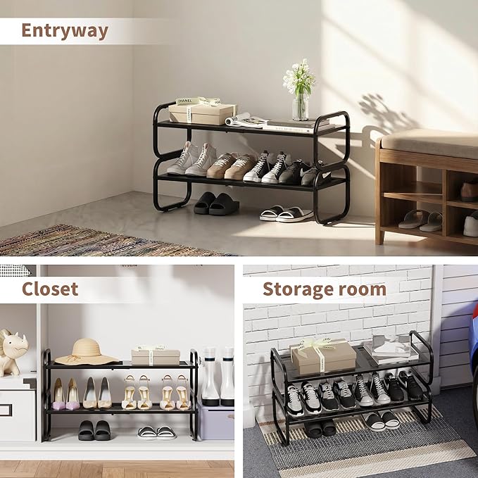 2 Tier Shoe Rack - Expandable Shoe Organizer for Closet, Adjustable Metal Shoe Shelf Storage, Stackable Long Shoe Stand Holde