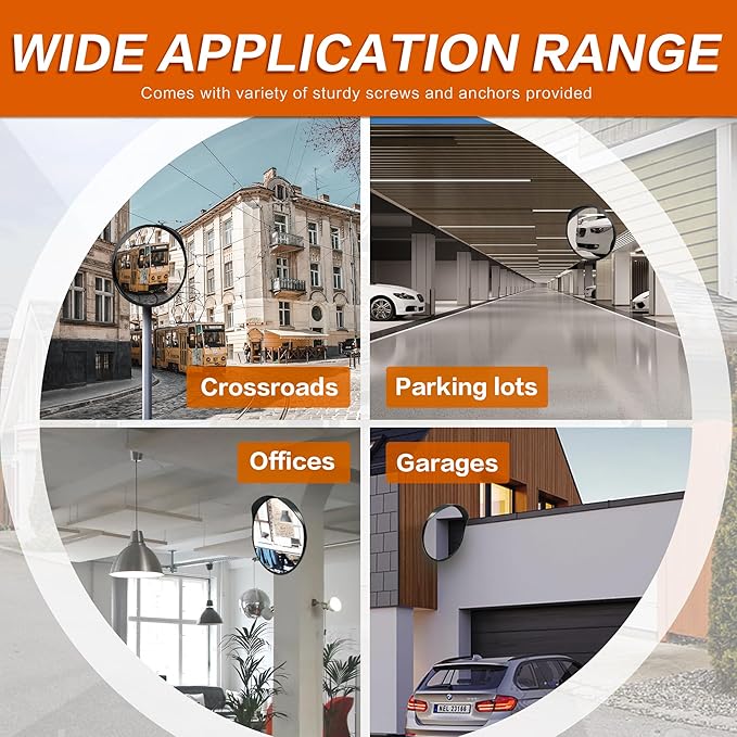 16-Inch Convex Security Corner Mirror - Adjustable Fixing Bracket, Wide Angle, Indoor and Outdoor Use - Ideal for Warehouse, Office, Parking Garage, Alleys, Driveways and Traffic Safety(Black）