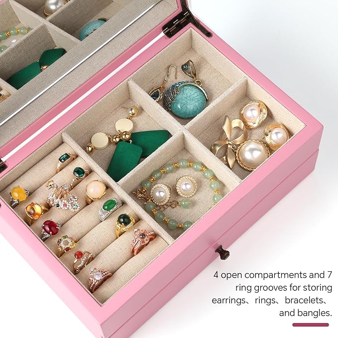 Meangood Jewelry Box Organizer for Women, 2 Layer Large Jewelry Storage Case, Rustic Wooden Jewelry Box with Mirror & Ring Tr