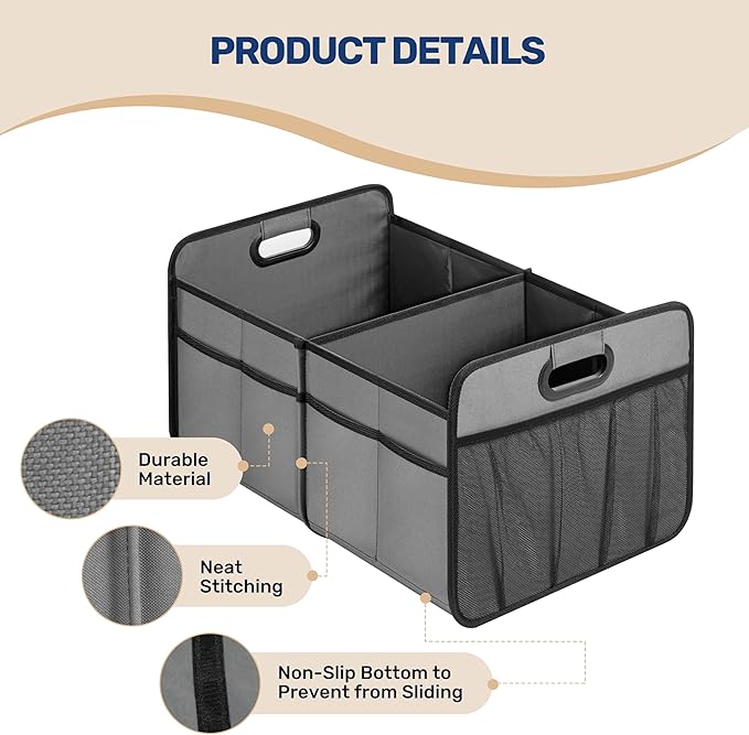 YSSOA Trunk Organizer for Car/SUV/Truck, Collapsible 2 Compartment Automotive Storage Box, 600D Waterproof Oxford Polyester