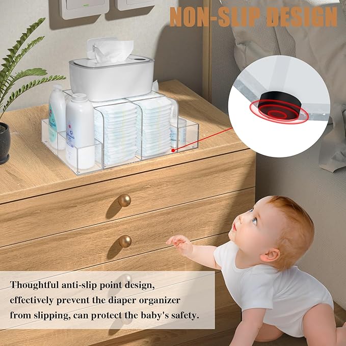 GILPWA Diaper Caddy, Baby Changing Table Organizer, Detachable Clear Acrylic Diaper Storage for Wipe Dispenser, Wipe Warmer a