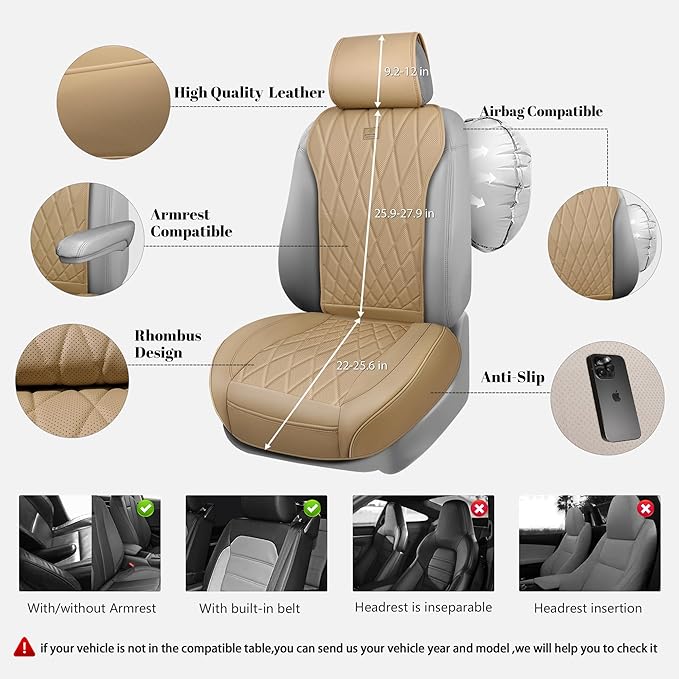 CAR PASS Luxury Nappa Leather Front Car Seat Covers, Sideless Car Seat Protectors with Storage Pocket, Non-Slip Automotive Se