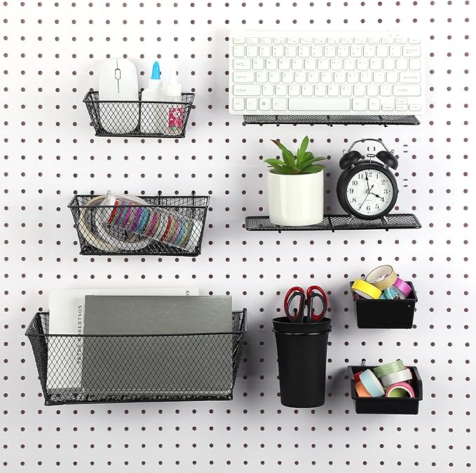 Sieral 30 Pcs Pegboard Organizer Accessories Kit Includes Peg Board Shelving Storage Basket Organizer Bins Hooks Loops Cup wi
