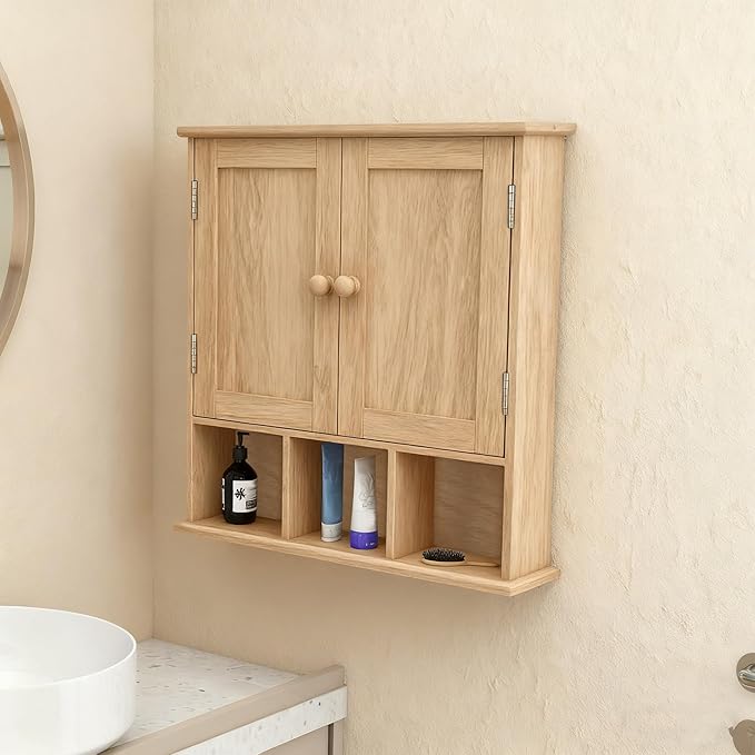 TaoHFE Natural Wooden Color Bathroom Wall Cabinet with 2 Door Adjustable Shelves,Over The Toilet Storage Wall Mounted Medicin