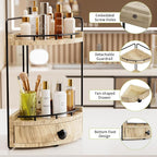 2-Tier Corner Bathroom Counter Organizer with Drawer & Embedded Screw Holes - Wooden Countertop Organizers for Skincare, Make