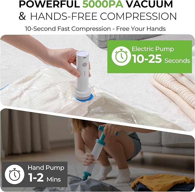 Vacuum Storage Bags for Travel - 12 Pack Compression Packing with Wireless Electric Pump for Luggage Vacuum Seal Bags for Clo
