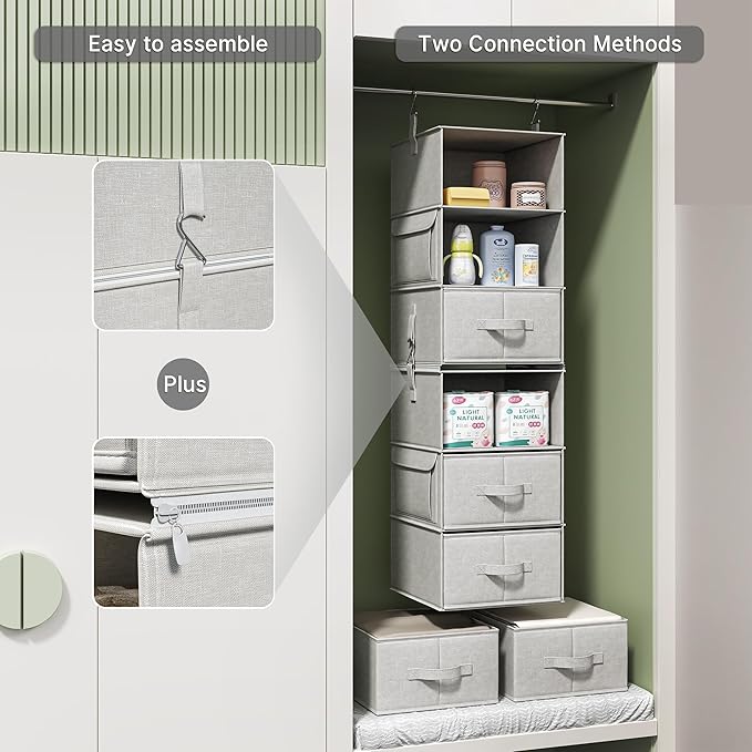 Vailando 6-Shelf Hanging Closet Organizer with 3 Drawers, 2 Separable 3-Shelf Closet Organizers and Storage for Wardrobe Orga